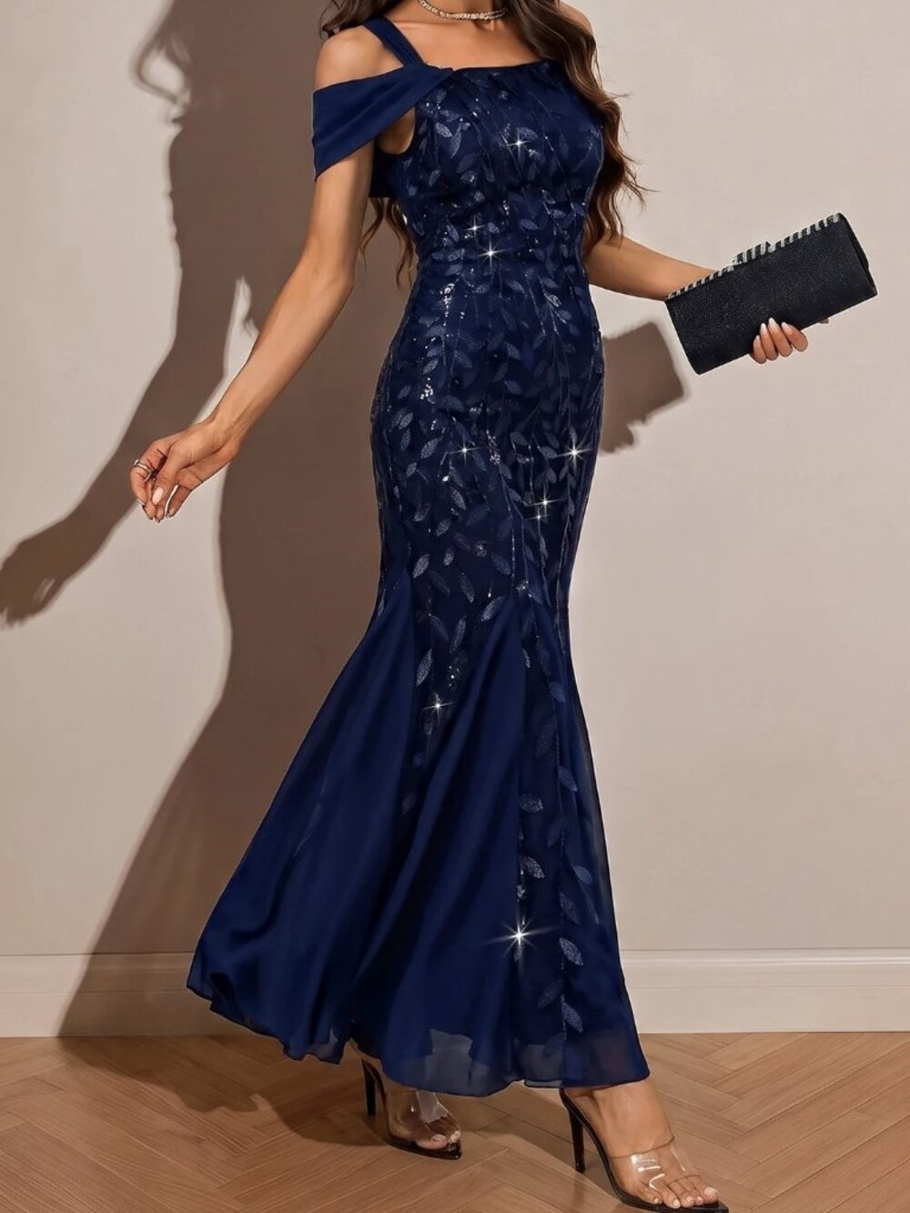 Navy Blue Elegant Women's Contrast Sequin Zipper Cold Shoulder Long Mermaid Gown